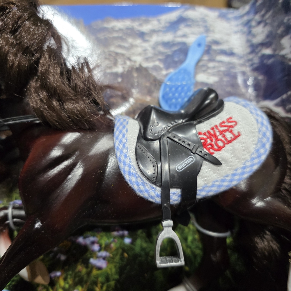 Breyer Dark Brown Model Horse with Blue and White Saddle Pad